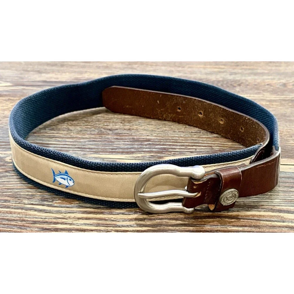 SOUTHERN TIDE Men’s “Skipjack” Ribbon Belt - Sandstone Khaki & Leather - Sz 34W